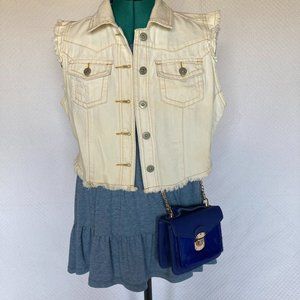 Boom Boom Jeans Sleeveless Crop Denim Jean Vest Jacket (Beige/Yellow)  sz L